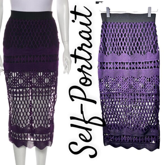 NWT Self-Portrait Cutwork Lace Pencil Skirt in Deep Purple & Black, Size 0 - Picture 2 of 12